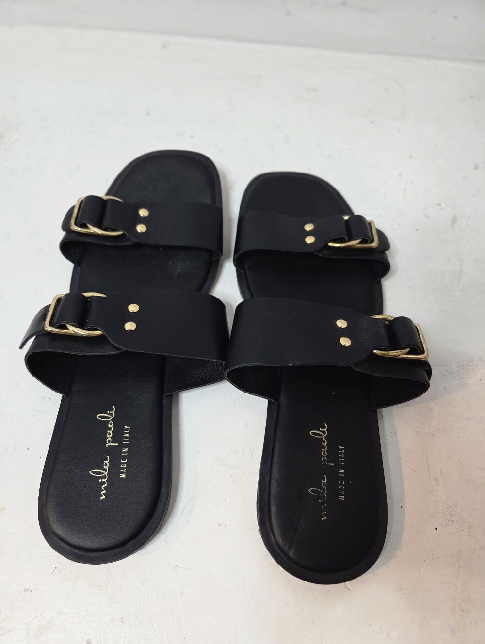 Mila Paoli Black Leather Slide Sandals with Gold Buckle Accents
